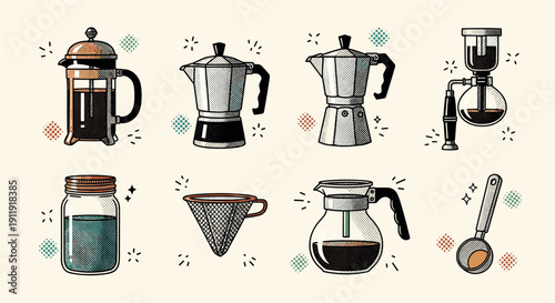 A collection of coffee brewing tools including a French press, moka pot, and drip coffee maker in colorful flat vector style, ideal for coffee enthusiasts and kitchen decor.