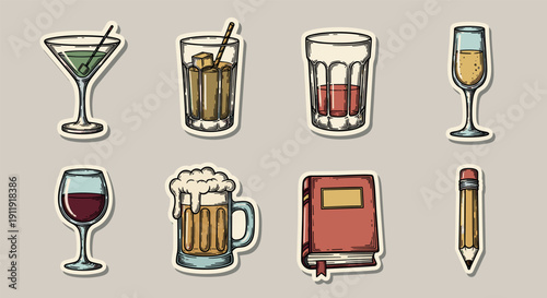 A collection of various drink illustrations including cocktails, beer, wine, and glasses in colorful cartoon vector style, ideal for bar menus and social events