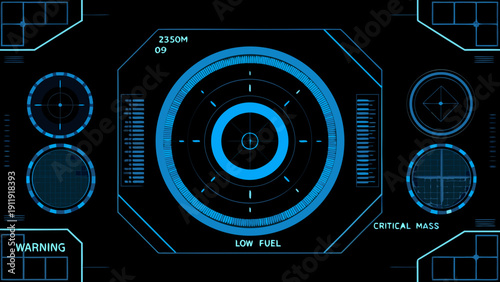 Futuristic heads up display with targeting reticle and critical system warnings