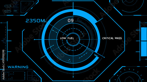 Futuristic targeting system display with critical warnings and range indicators