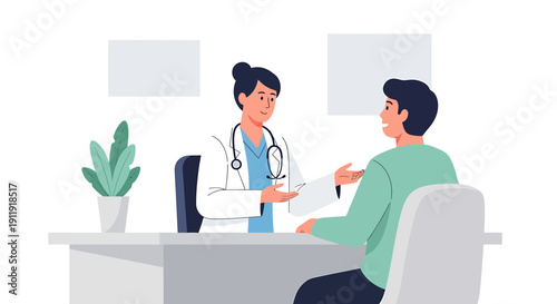 Doctor consulting patient in clinic, healthcare consultation, medical examination, therapy session