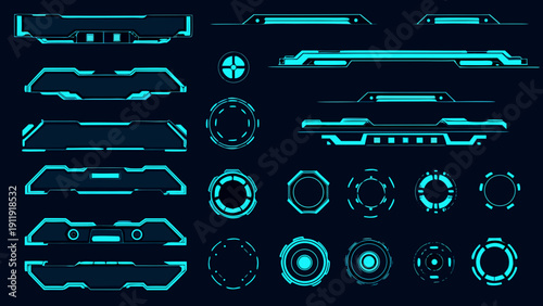 Futuristic interface elements and glowing neon shapes on a dark background