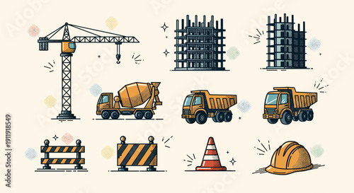 A set of construction icons featuring a crane, cement truck, building, barriers, safety helmet, and traffic cone in colorful flat vector style, ideal for construction industry graphics