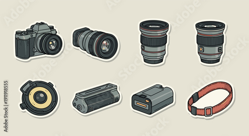 A collection of camera equipment including cameras, lenses, and accessories in colorful flat vector style, perfect for photography-related projects