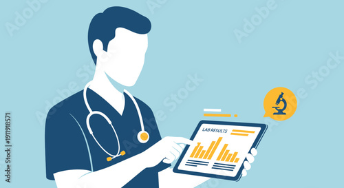 Doctor using tablet with medical data and microscope icon