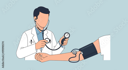 Doctor measuring patient's blood pressure with stethoscope and sphygmomanometer