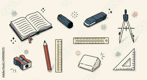 A collection of stationery items including an open notebook, pencil, ruler, compass, and eraser in a flat minimalist vector style, ideal for educational materials and design projects