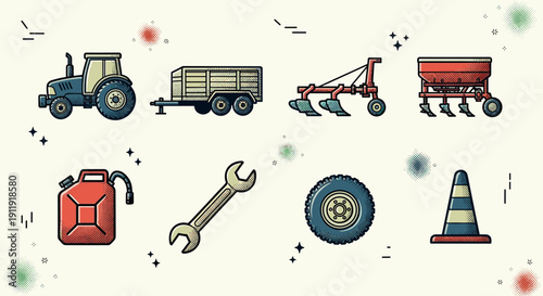 A collection of farming and agricultural icons including a tractor, trailer, fuel can, wrench, and more in modern vector style, ideal for agricultural projects and designs