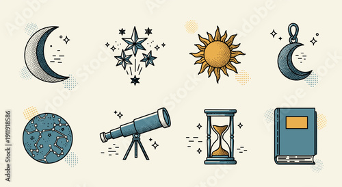 A collection of celestial icons including moon, stars, sun, telescope, hourglass, and book in modern geometric vector style, suitable for educational and creative projects