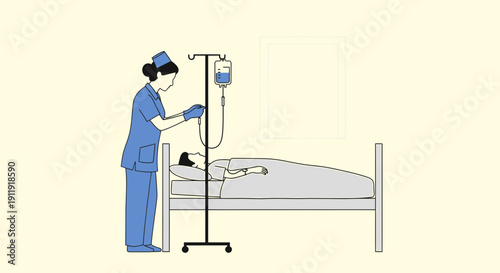 Nurse Administering IV Drip to Patient in Hospital Bed - Medical Care Illustration