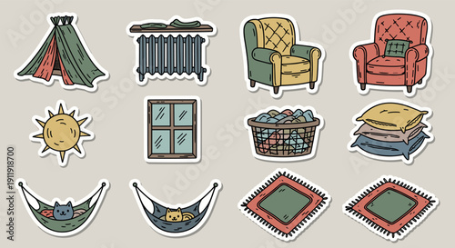 A cozy home illustration featuring a hammock, sun, furniture, and accessories in a colorful flat vector style, perfect for home decor projects
