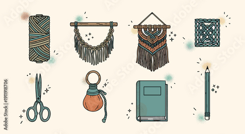 A collection of crafting tools and decorative items including scissors, string, and macrame in a modern vector style, ideal for creative projects and DIY themes