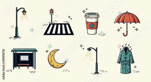 A collection of urban lifestyle icons including a coffee cup, street lamp, crosswalk, umbrella, and raincoat in colorful flat vector style, perfect for creative projects and branding