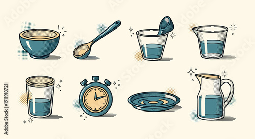 A collection of kitchen utensils and glassware including bowls, cups, spoons, and a timer in modern vector style, ideal for culinary design and food-related projects