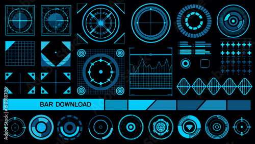 Futuristic interface elements and targeting systems on a dark background