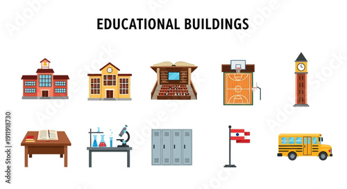 Collection of educational building icons including schools library court and transport