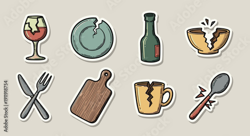 A set of broken kitchen and dining icons featuring a glass, plate, bottle, bowl, fork, spoon, knife, and cutting board in a playful vector style, ideal for food and restaurant branding