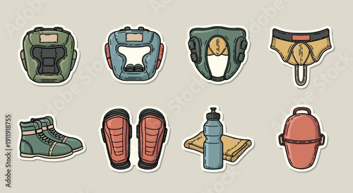 A collection of sports gear including helmets, pads, and a water bottle in modern colorful vector style, ideal for fitness branding and promotional materials