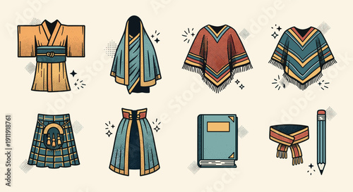 A collection of traditional and modern clothing items including kimonos, ponchos, and skirts in colorful vintage vector style, perfect for fashion design projects