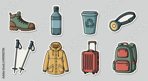 A collection of outdoor adventure gear stickers including hiking boots, a water bottle, a trash can, and a backpack in colorful vector style, perfect for travel and camping themes