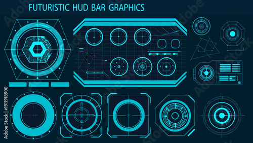 Futuristic user interface elements and glowing cyan hud graphics