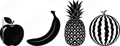 Set of fruit silhouettes including apple, banana, pineapple and watermelon isolated on light background, healthy food icons collection for nutrition, grocery, diet and natural lifestyle concepts