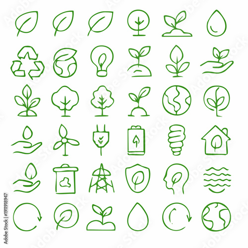 Vibrant collection of hand-drawn green line art icons depicting environmental protection, sustainable practices, nature conservation, and eco-friendly initiatives for a greener future