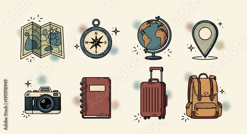 A collection of travel-related icons including a map, compass, globe, camera, notebook, suitcase, and backpack in a vintage vector style, ideal for travel-themed designs and branding