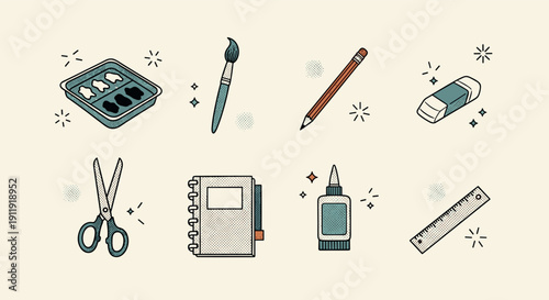A collection of stationery icons including scissors, a notebook, a pencil, and an eraser in minimalist vector style, ideal for educational and creative projects