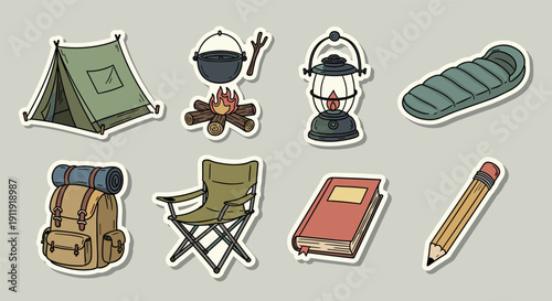 A collection of camping icons including a tent, campfire, lantern, backpack, chair, sleeping bag, notebook, and pencil in colorful cartoon vector style, perfect for outdoor adventure themes