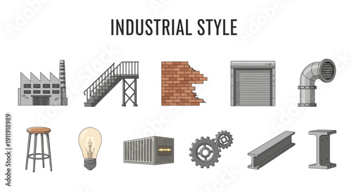 Collection of ten flatdesign icons representing industrial style elements