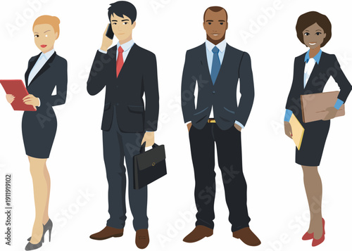 Diverse group of business professionals standing in a row looking forward