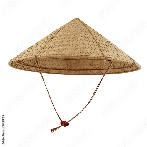 Traditional woven straw conical hat with red tassel isolated on transparent background