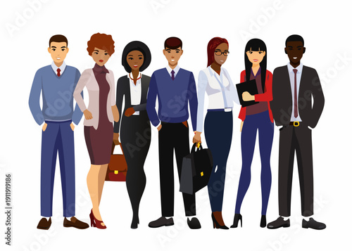 Diverse group of business professionals standing in a row looking forward