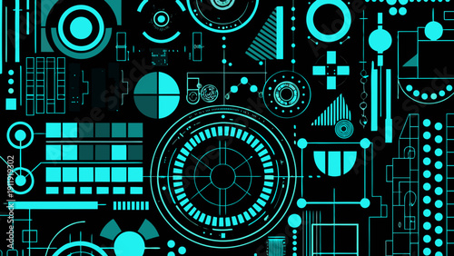Abstract teal geometric shapes resembling technical schematics on black