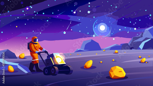 Astronaut explores a rocky alien landscape with a robotic rover