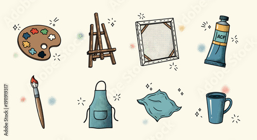 A collection of art supplies including a palette, easel, canvas, paint tube, and brush in colorful flat vector style, perfect for art and design projects