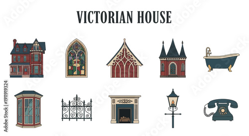 Collection of ten vector illustrations related to Victorian houses and decor