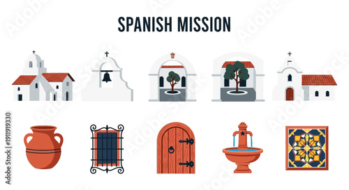 Collection of white stucco Spanish Mission buildings courtyards artifacts and tiles