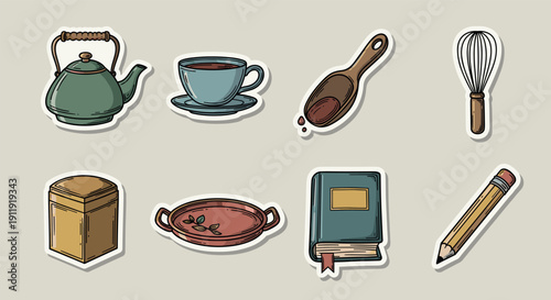A collection of kitchen-themed stickers featuring a teapot, cup, spoon, whisk, notebook, and pencil in colorful hand-drawn style, perfect for culinary projects and home decor