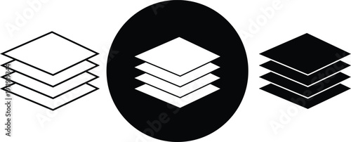 Three stacked geometric shapes in black and white stacked shapes abstract layers