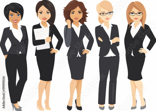 Five diverse businesswomen in professional attire standing in a row