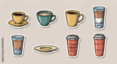 A collection of various coffee and tea cups, including takeaway cups and saucers, in colorful vector style, ideal for café branding and menu designs