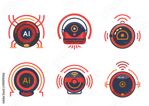 A collection of colorful and stylized AI robot vacuum cleaner icons set