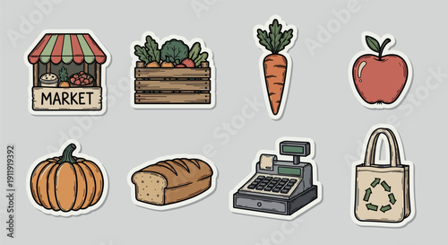 A collection of market-themed food icons including a pumpkin, carrot, apple, and cash register in colorful vector style, ideal for grocery branding and packaging