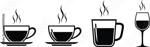 Set of hot beverage cup silhouettes including coffee, tea mug and glass isolated on light background, steaming drink icons in black vector style for cafe menu design