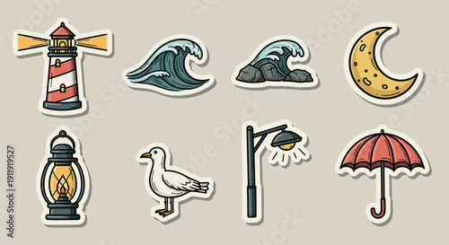 A collection of nautical-themed icons including a lighthouse, waves, a seagull, and a moon in colorful vector style, ideal for beach-themed projects