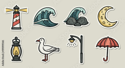 A collection of nautical-themed vector stickers featuring a lighthouse, waves, rocks, moon, lantern, seagull, streetlight, and umbrella, ideal for coastal design projects