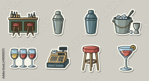 A collection of bar-related icons including a bar counter, cocktail shaker, glasses, and a barstool in a colorful flat vector style, perfect for hospitality design projects