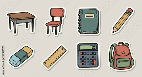 A collection of school-related icons including a desk, chair, notebook, pencil, and calculator in colorful flat vector style, perfect for educational materials